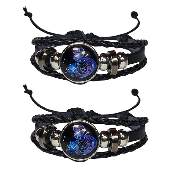 Zodiac Constellation Braided Design Black Leather Bracelet Adjustable