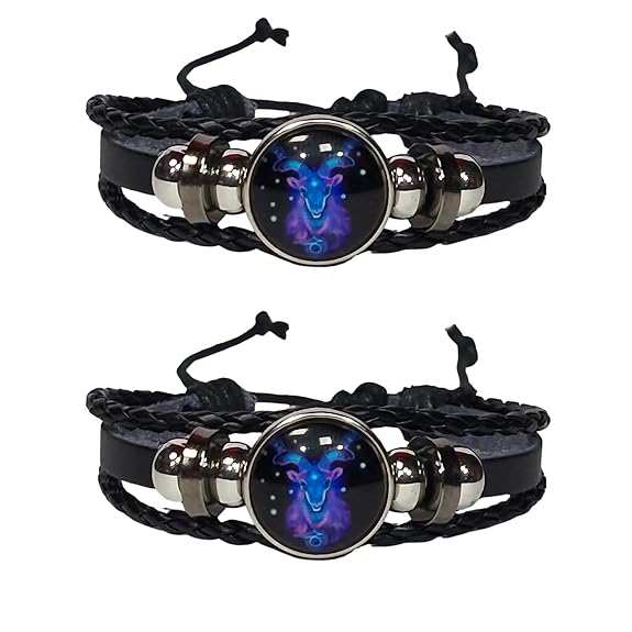 Zodiac Constellation Braided Design Black Leather Bracelet Adjustable