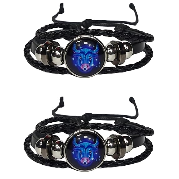 Zodiac Constellation Braided Design Black Leather Bracelet Adjustable