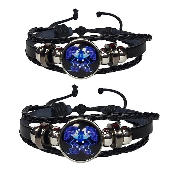 Zodiac Constellation Braided Design Black Leather Bracelet Adjustable